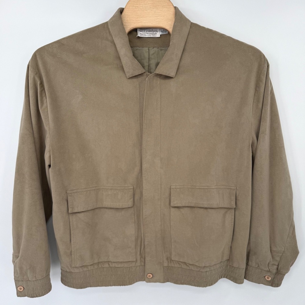 St. Croix Knits Bomber Jacket Mens Large Tan Faux Suede Zip Front Norm Thompson